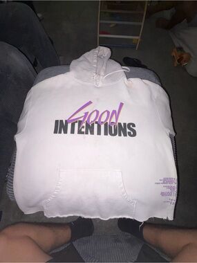 VLONE White Hoodie with Black and Purple Good Intentions Graphic